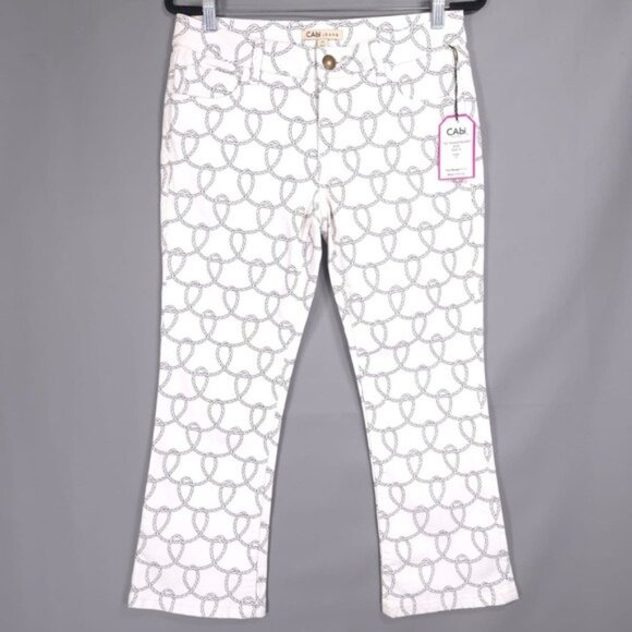 NWT‎ CAbi Women’s 761 Printed Nautical Rope Bootlet Jeans Denim White Size 6 - Picture 2 of 15